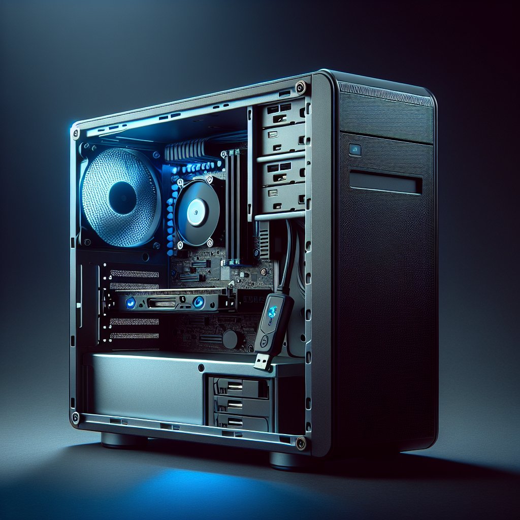 Desktop PC with visible hard drive and USB boot drive